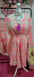 Ibiza Vibes Neon Button Down Midi Dress Pink & Gold L/XL