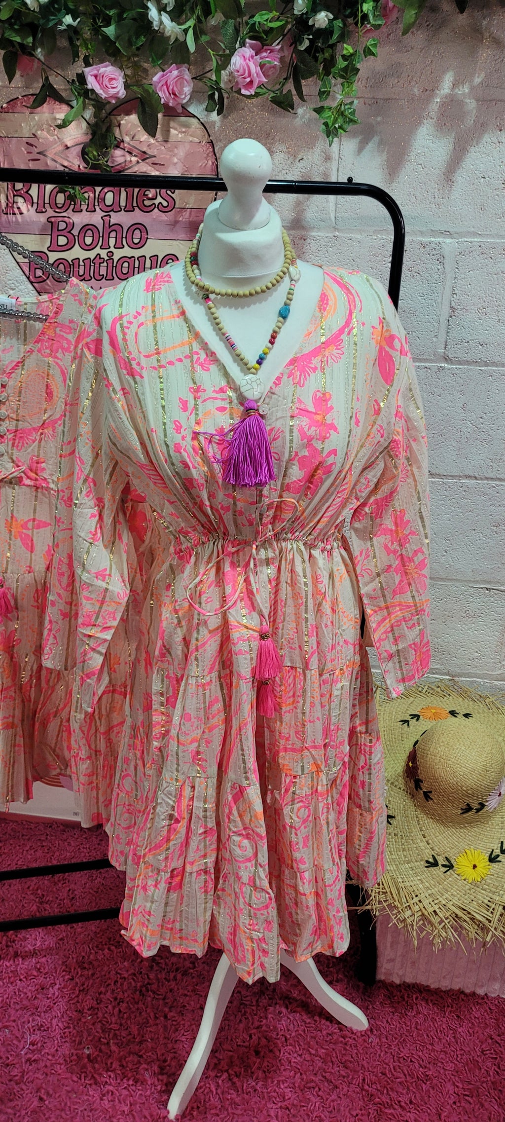 Ibiza Vibes Neon Button Down Midi Dress Pink & Gold L/XL