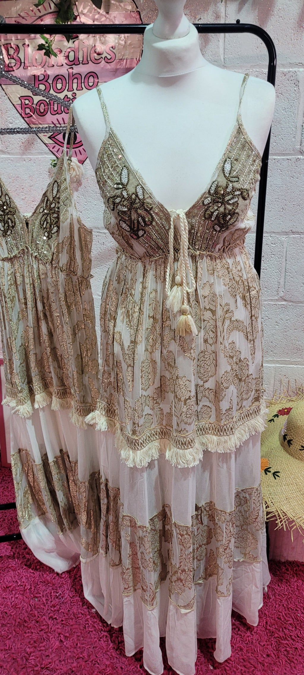 Emporess Sequin Beaded Gold Strappy Maxi Dress