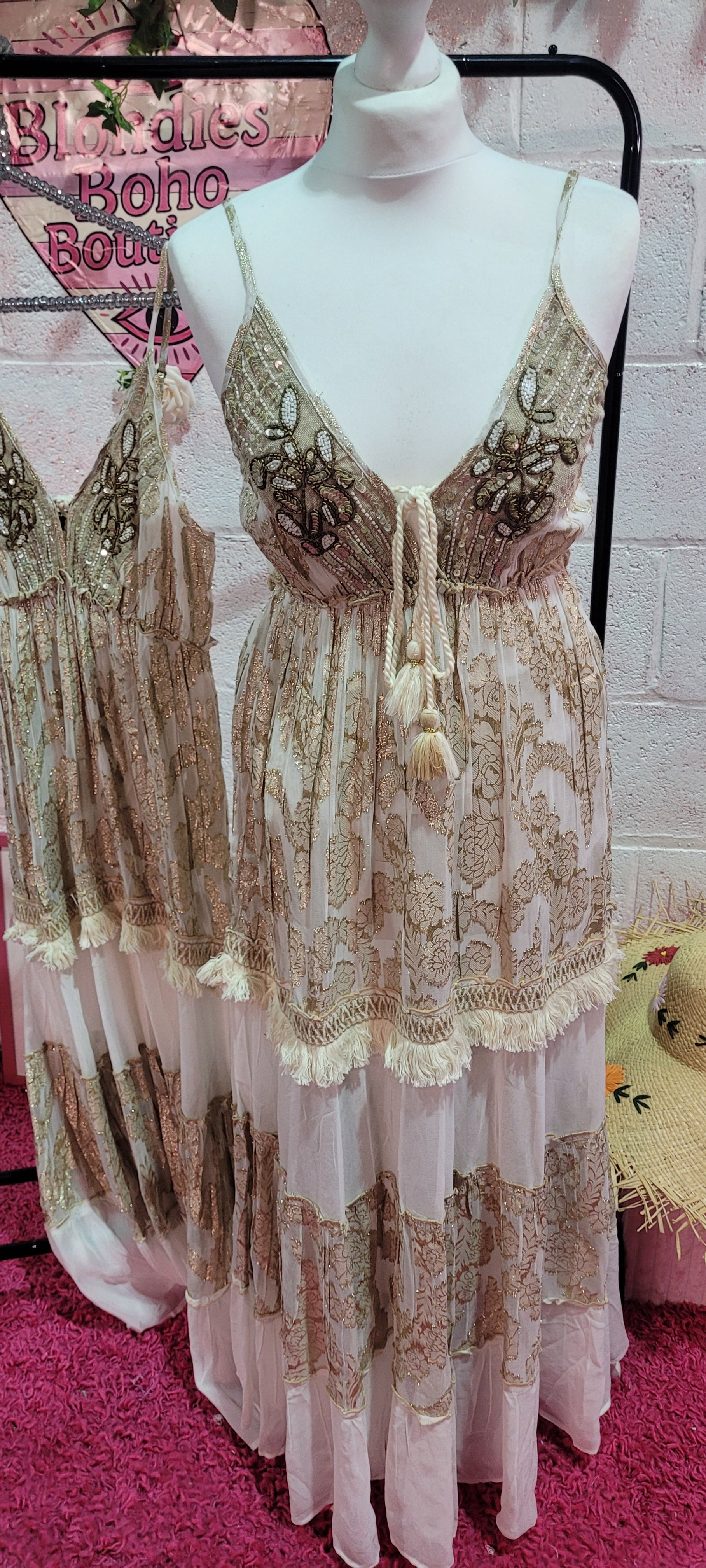 Emporess Sequin Beaded Gold Strappy Maxi Dress