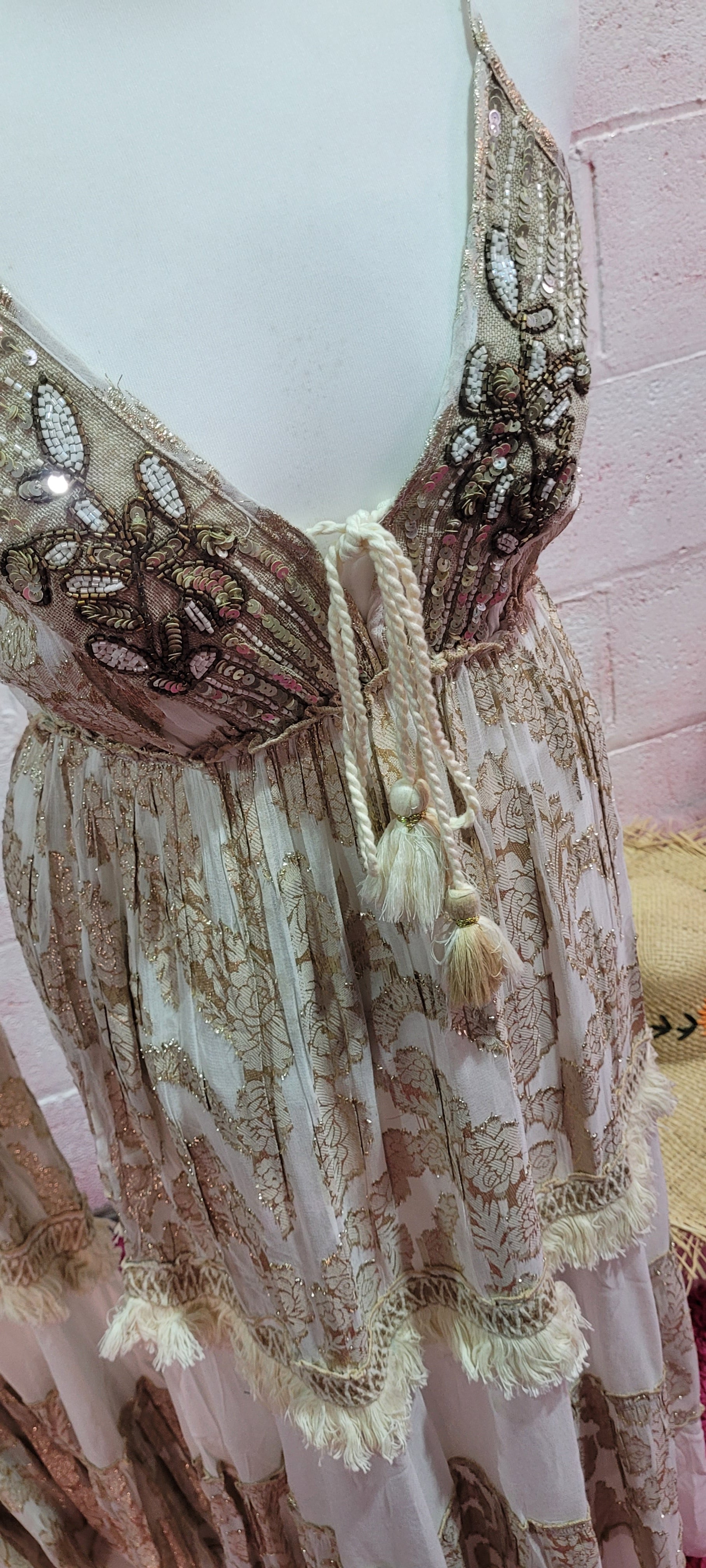 Emporess Sequin Beaded Gold Strappy Maxi Dress