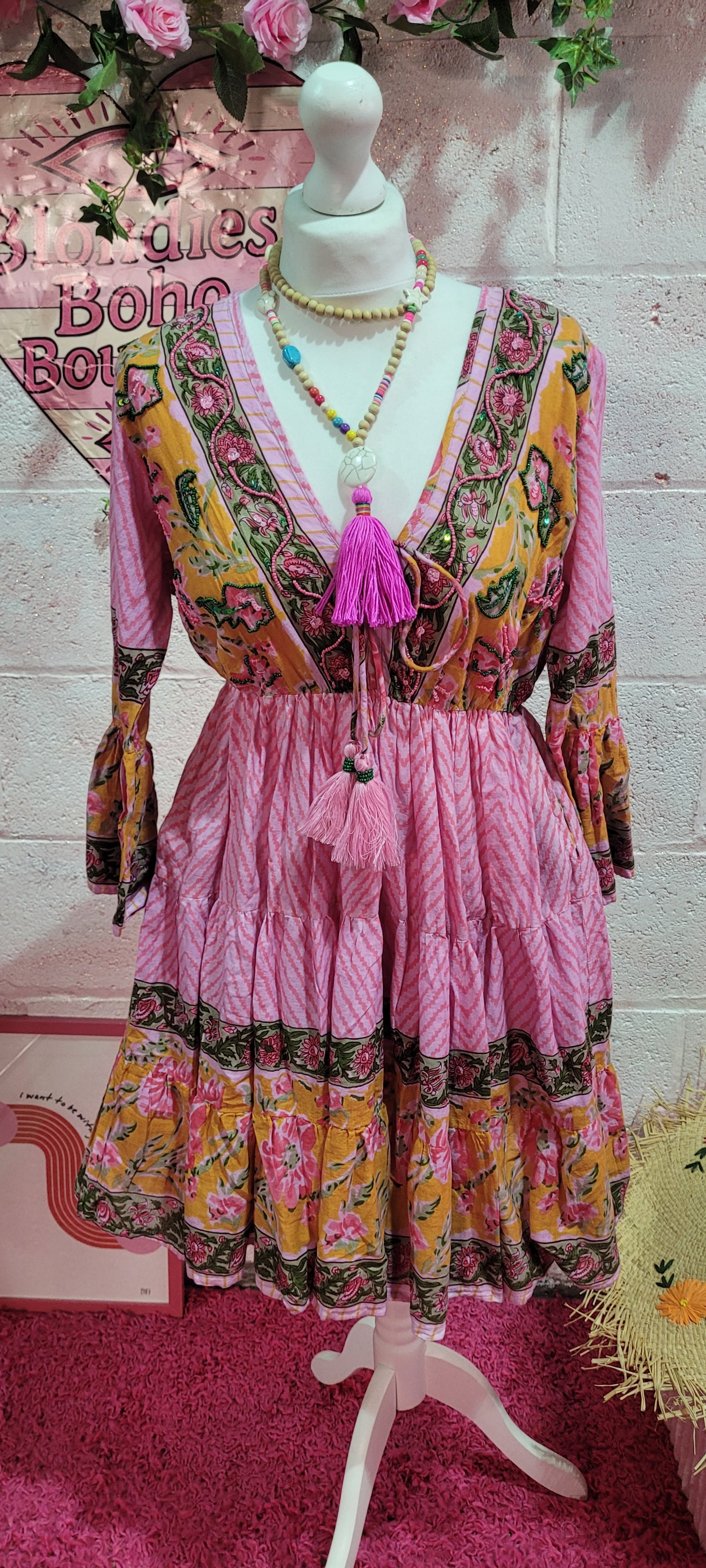 Biba Boho Beaded Embellished Midi Dress Pinks S/M