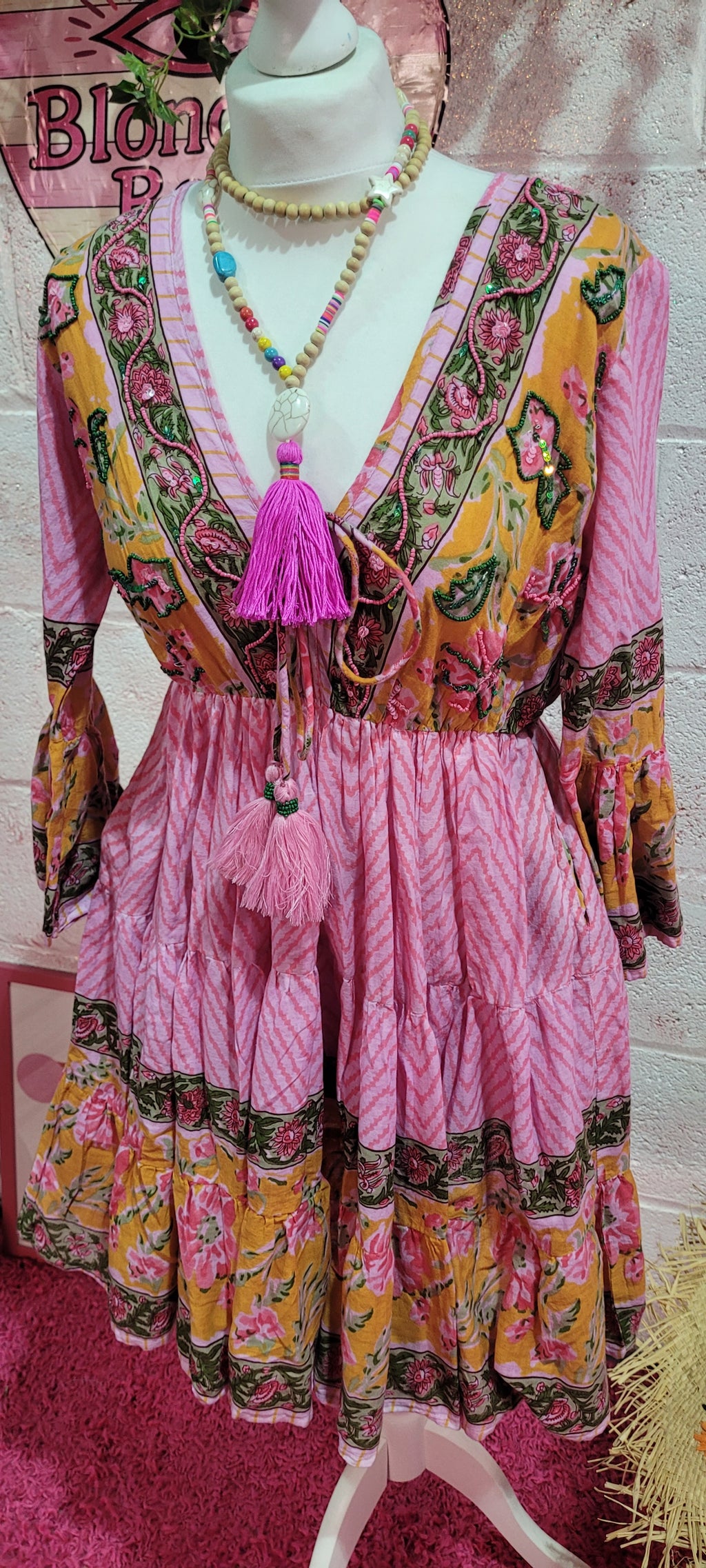 Biba Boho Beaded Embellished Midi Dress Pinks S/M