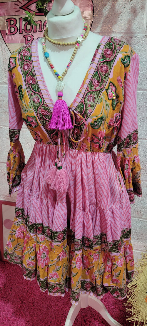 Biba Boho Beaded Embellished Midi Dress Pinks S/M