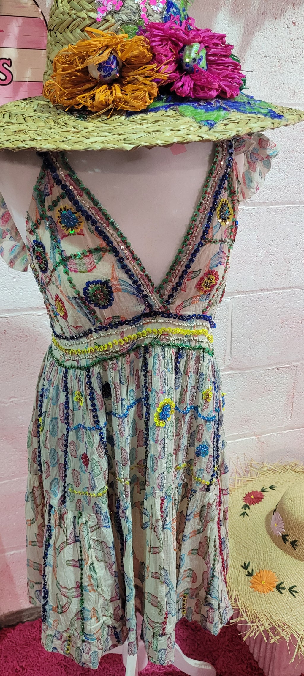 Connie Embellished Beaded Frill Strappy Midi Dress M/L