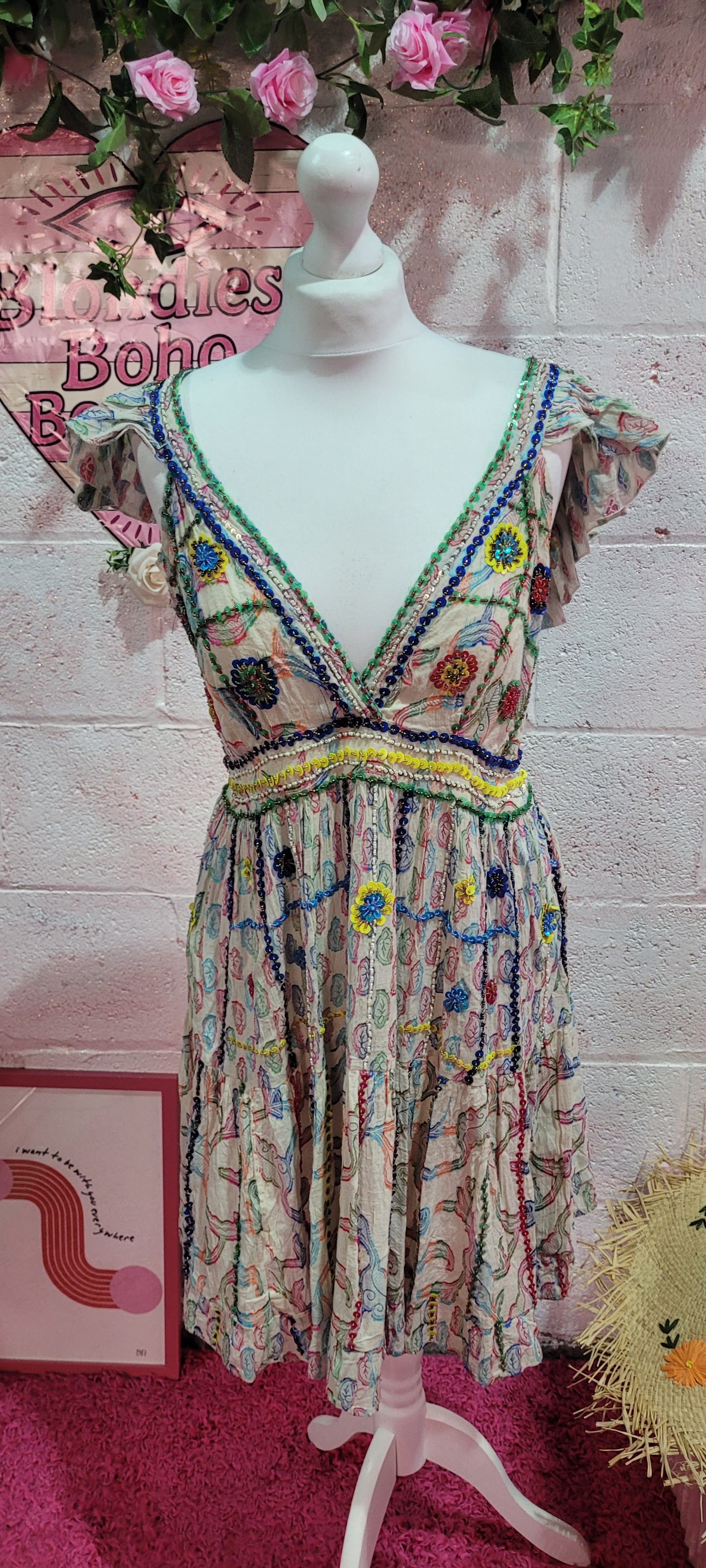 Connie Embellished Beaded Frill Strappy Midi Dress M/L
