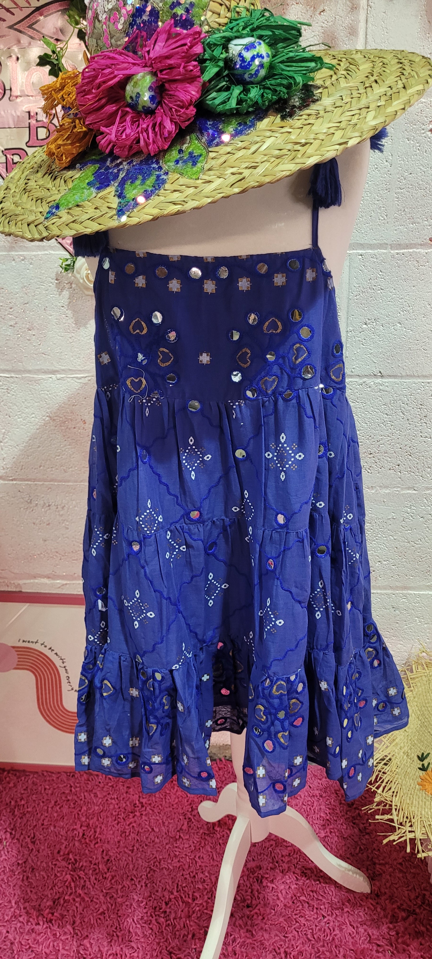 Lola Paisley Mirrored Strappy Frill Midi Dress Navy