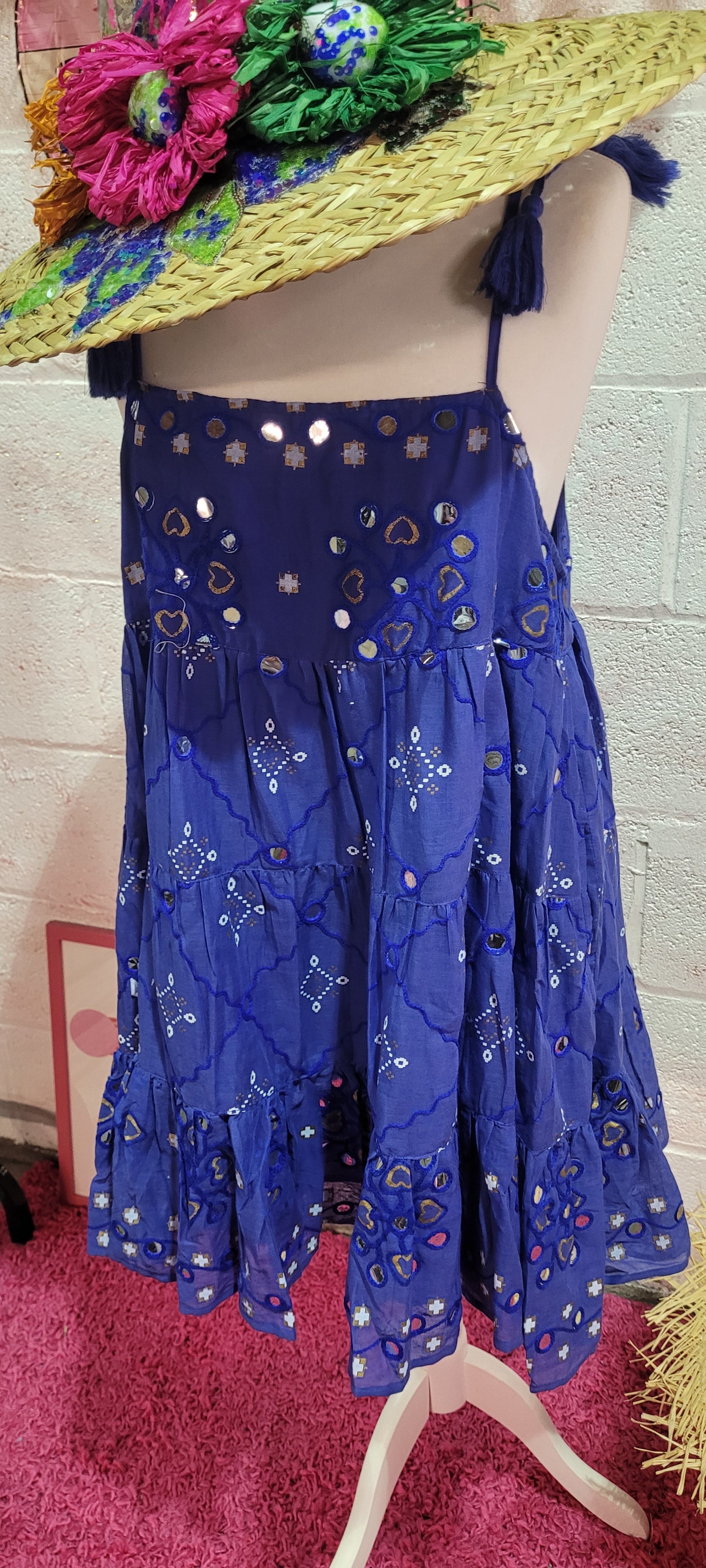 Lola Paisley Mirrored Strappy Frill Midi Dress Navy