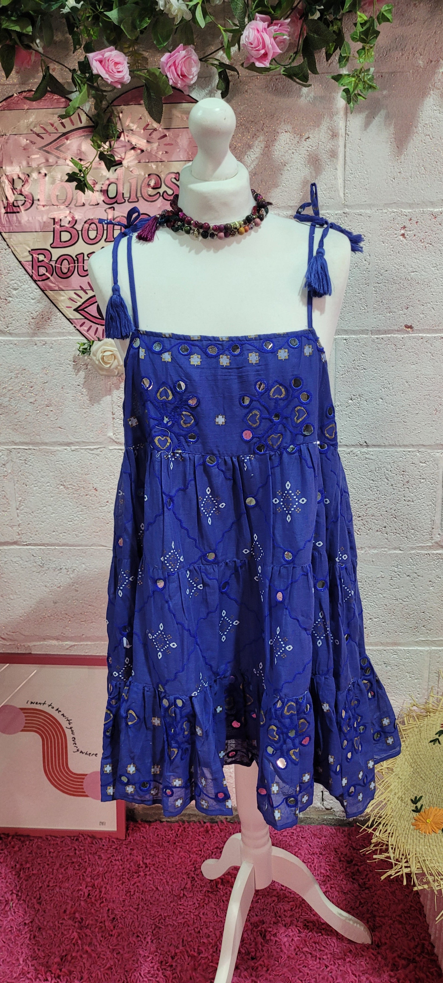 Lola Paisley Mirrored Strappy Frill Midi Dress Navy