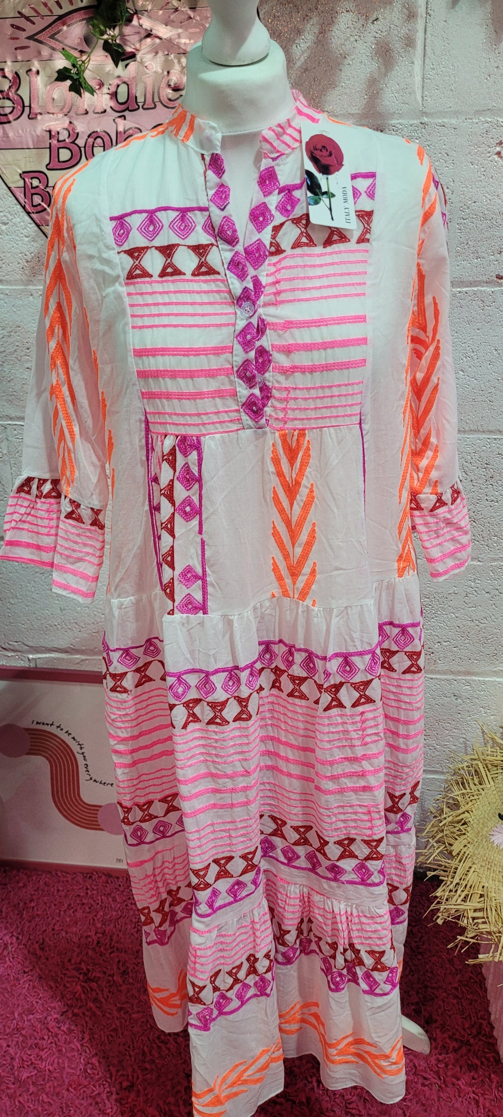 Kitty Neon Button Down Embellished Smock Dress Pink & Orange