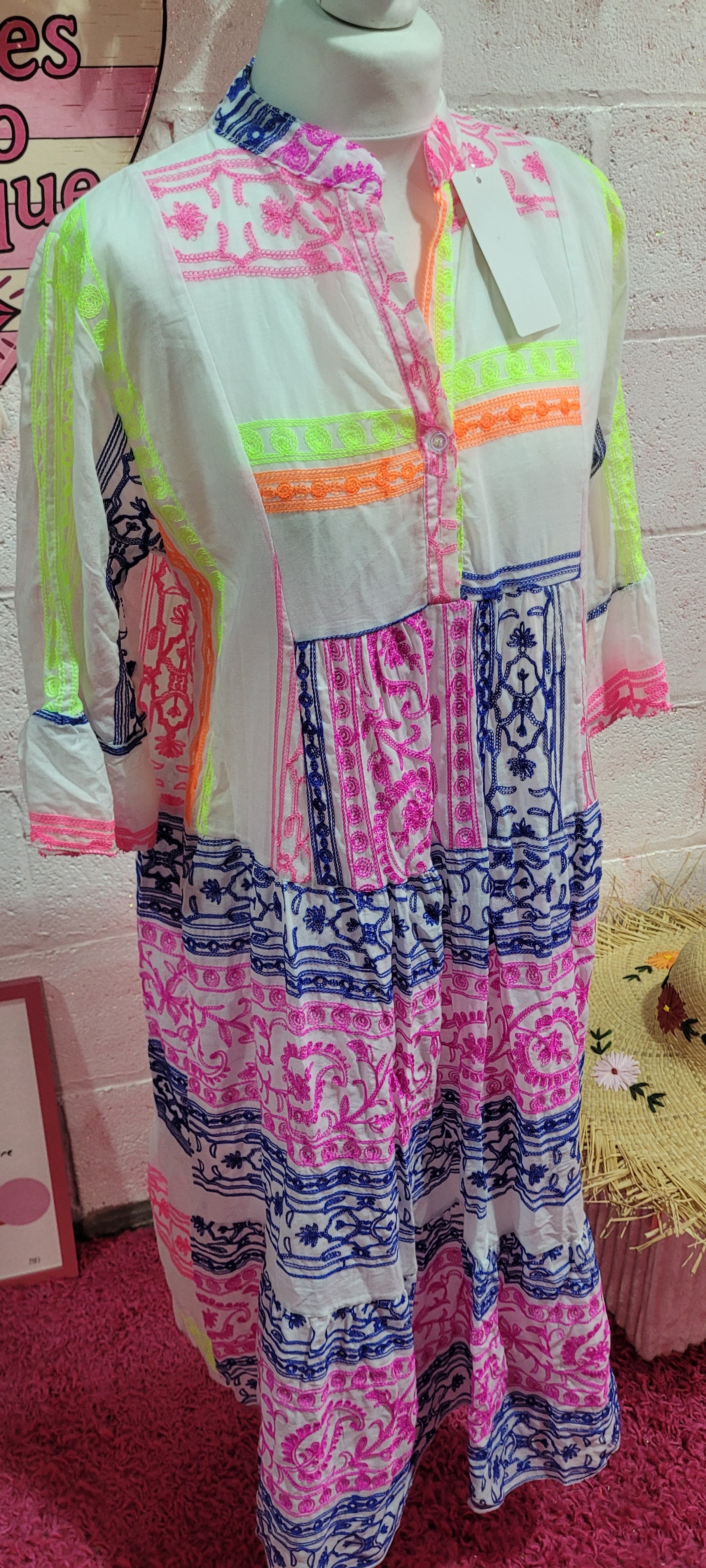 Kitty Neon Button Down Embellished Smock Dress Pink, Blue & Yellow