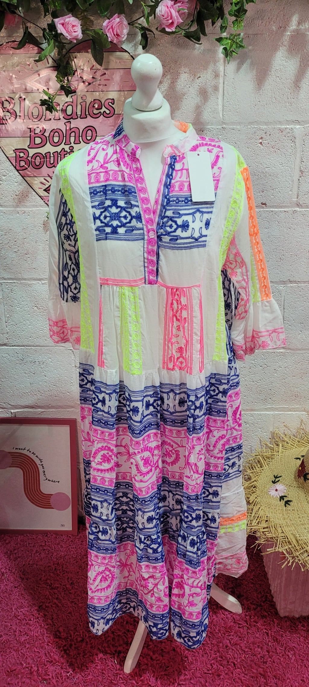 Kitty Neon Button Down Embellished Smock Dress Pink & Yellow
