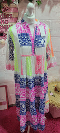 Kitty Neon Button Down Embellished Smock Dress Pink & Yellow