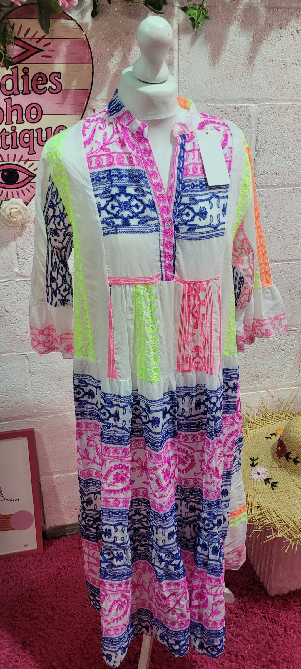 Kitty Neon Button Down Embellished Smock Dress Pink, Blue & Yellow