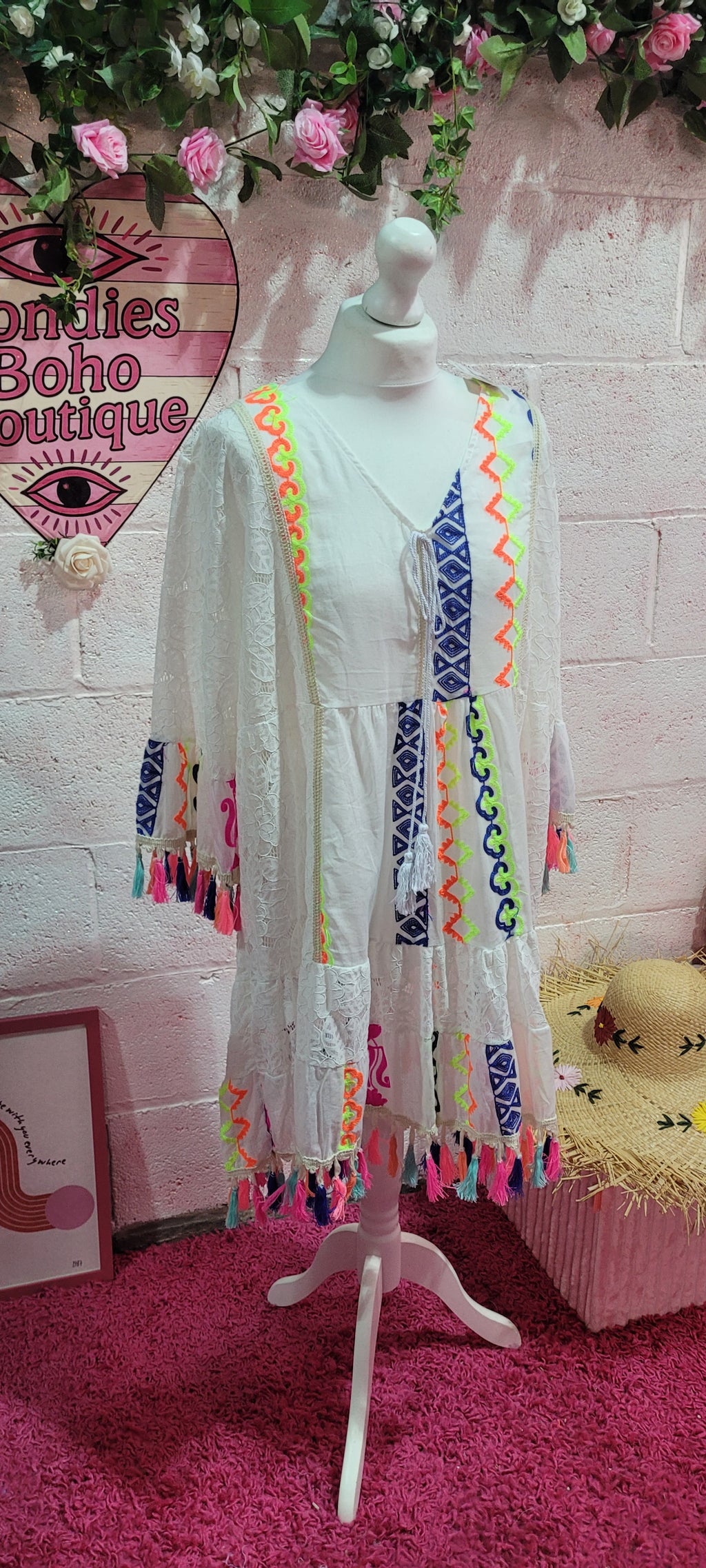 Pixie Lace Neon Tassel Trimmed Midi Dress Yellow & Orange