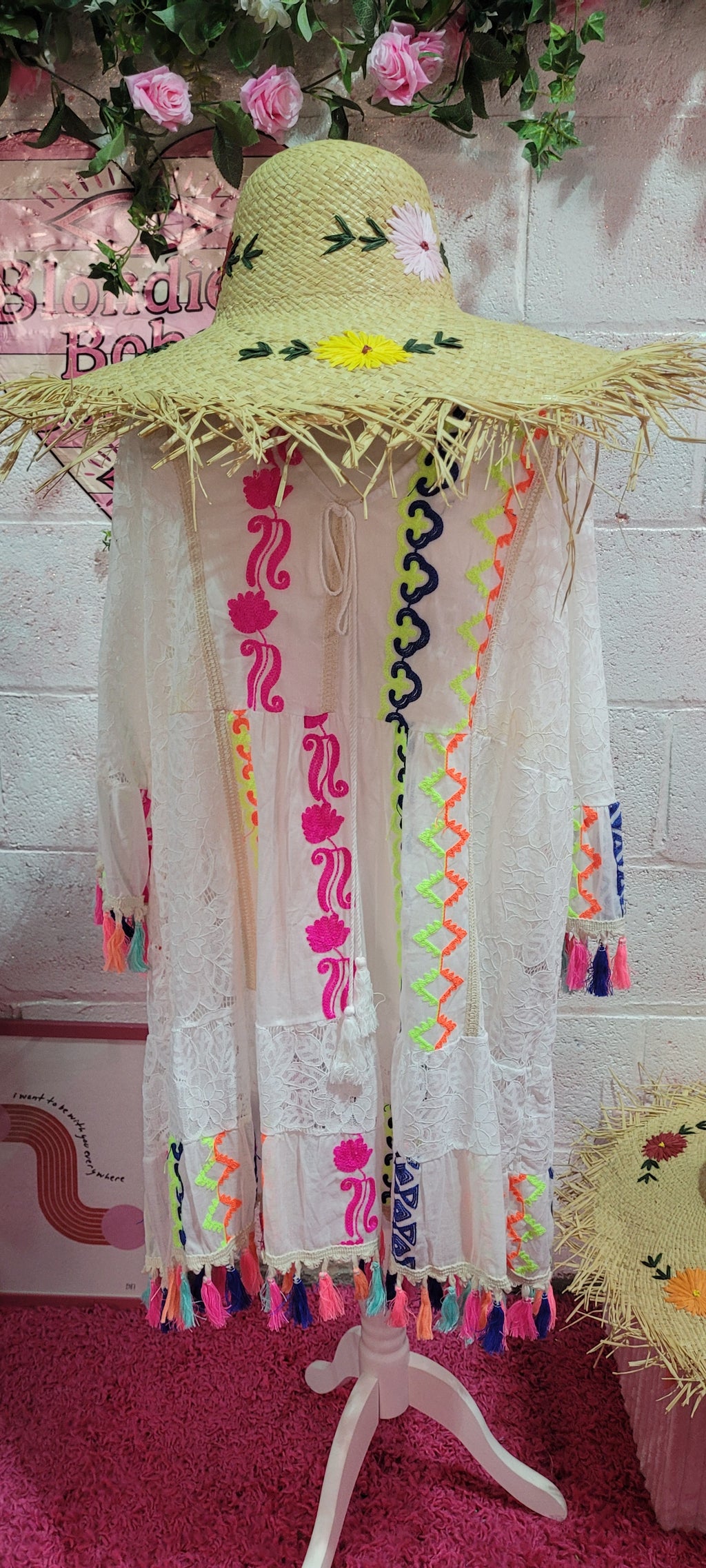 Pixie Lace Neon Tassel Trimmed Midi Dress Yellow & Orange
