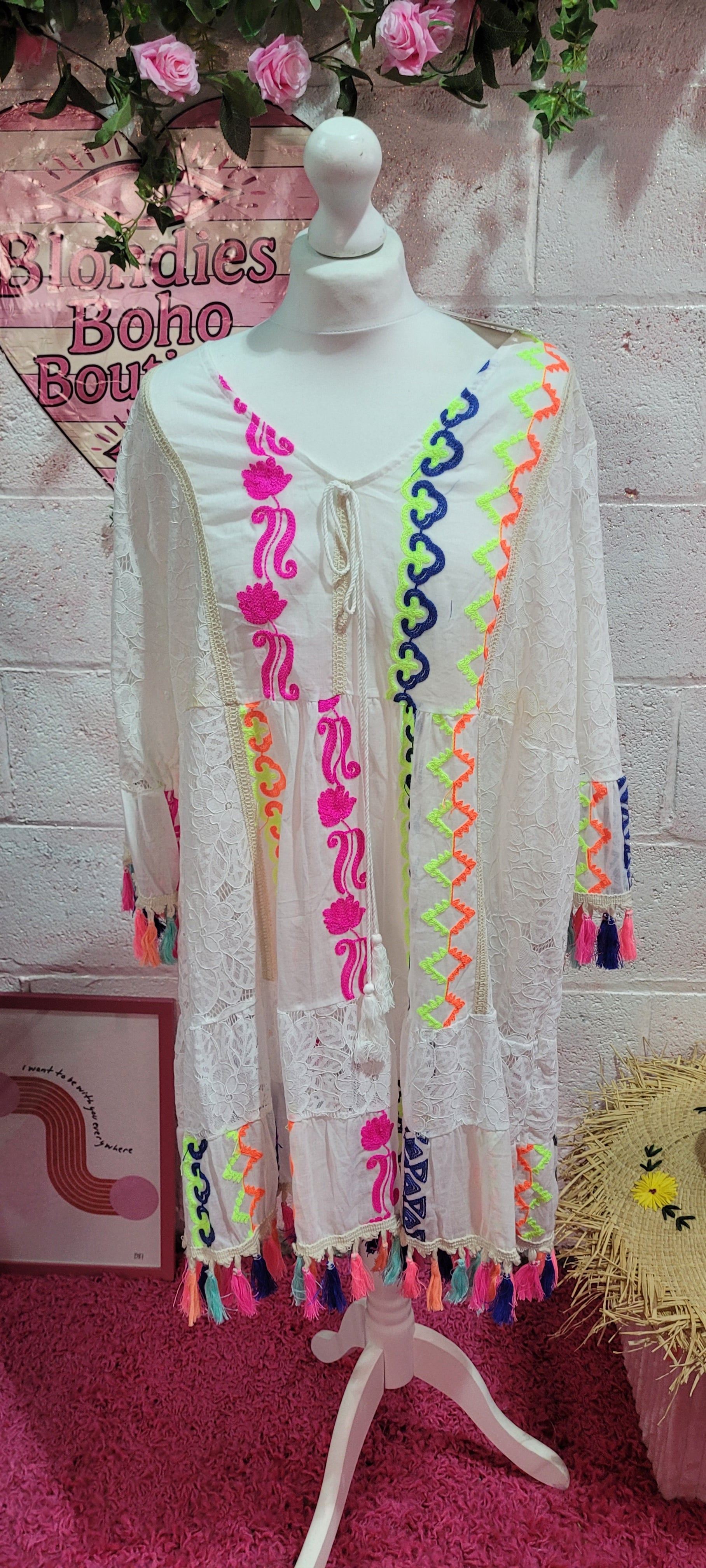 Pixie Lace Neon Tassel Trimmed Midi Dress Yellow & Orange