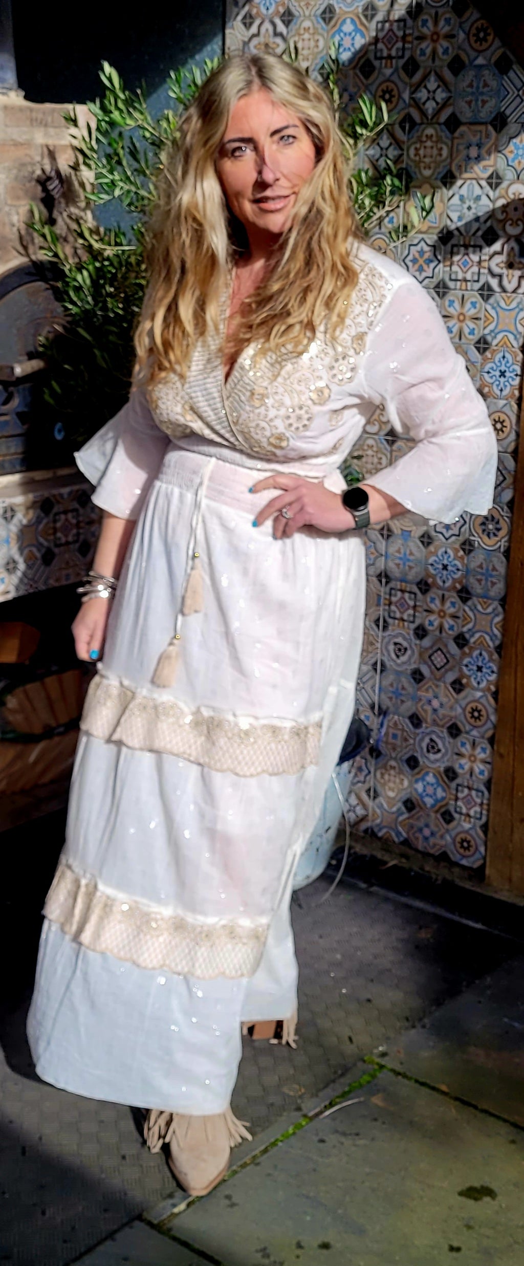 Shetha 2 Piece Mirrored Embroidered Skirt/Top Set Ivory & Gold
