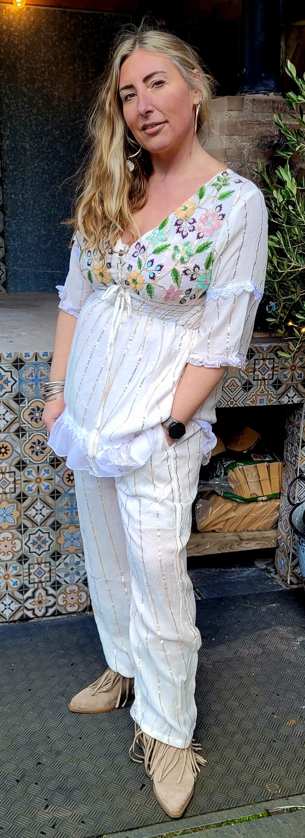 Seema Embellished Two Piece Trouser Set Ivory