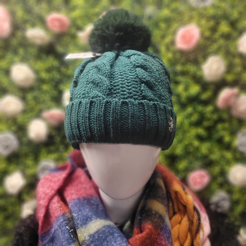 Snowflake Embellished Cable Knit Bobble Hat