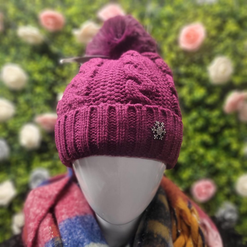 Snowflake Embellished Cable Knit Bobble Hat