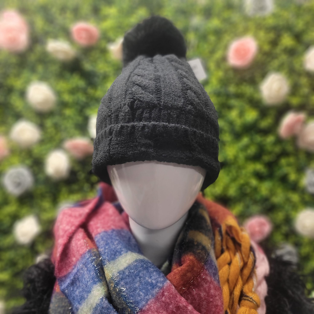 Fur Lined Cable Knit Bobble Hat