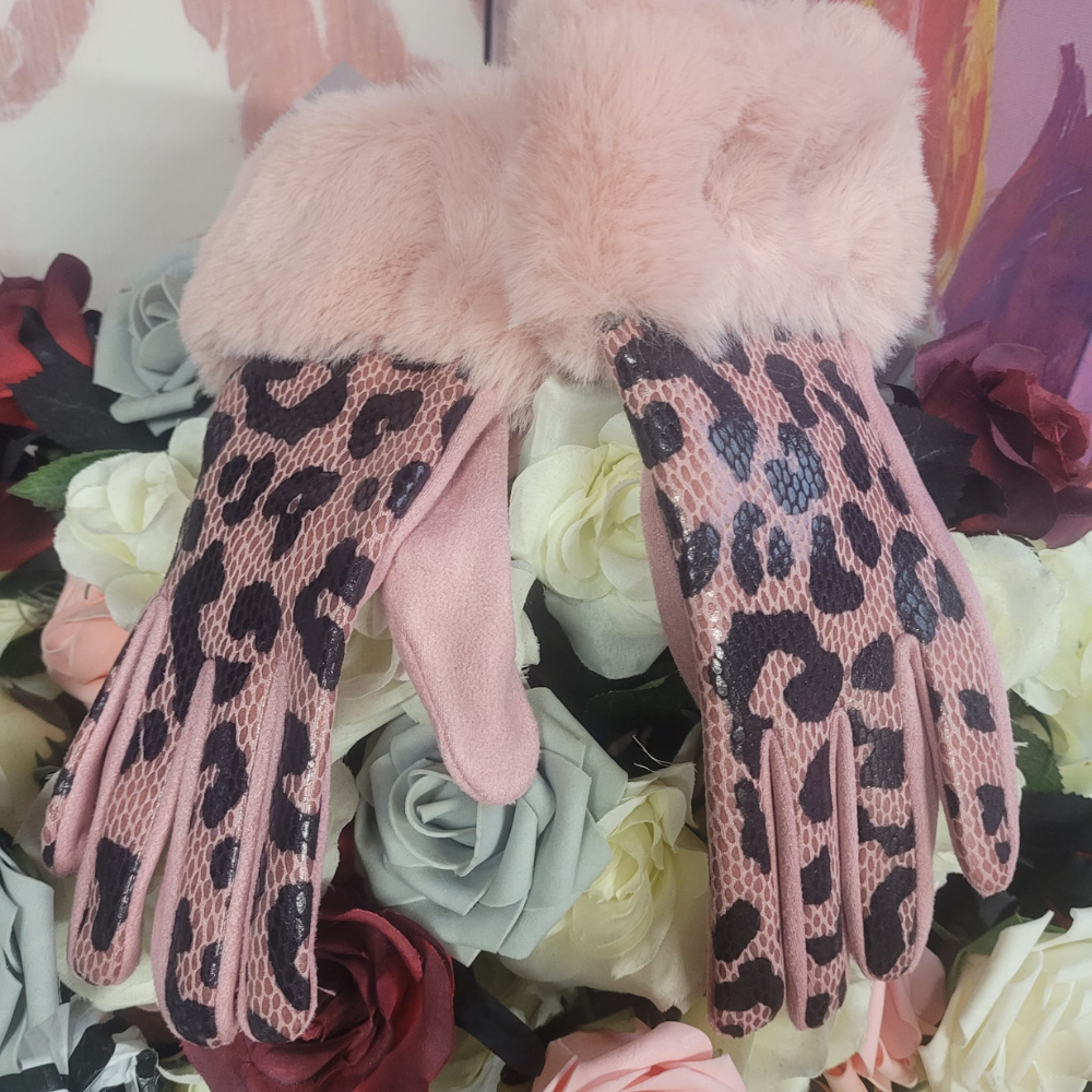 Louisa Faux Leopard Fur Trimmed Gloves