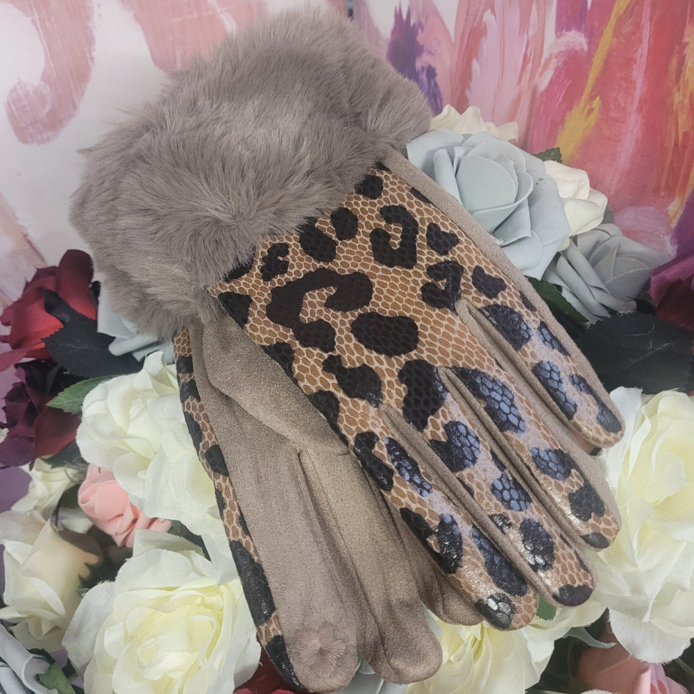 Louisa Faux Leopard Fur Trimmed Gloves