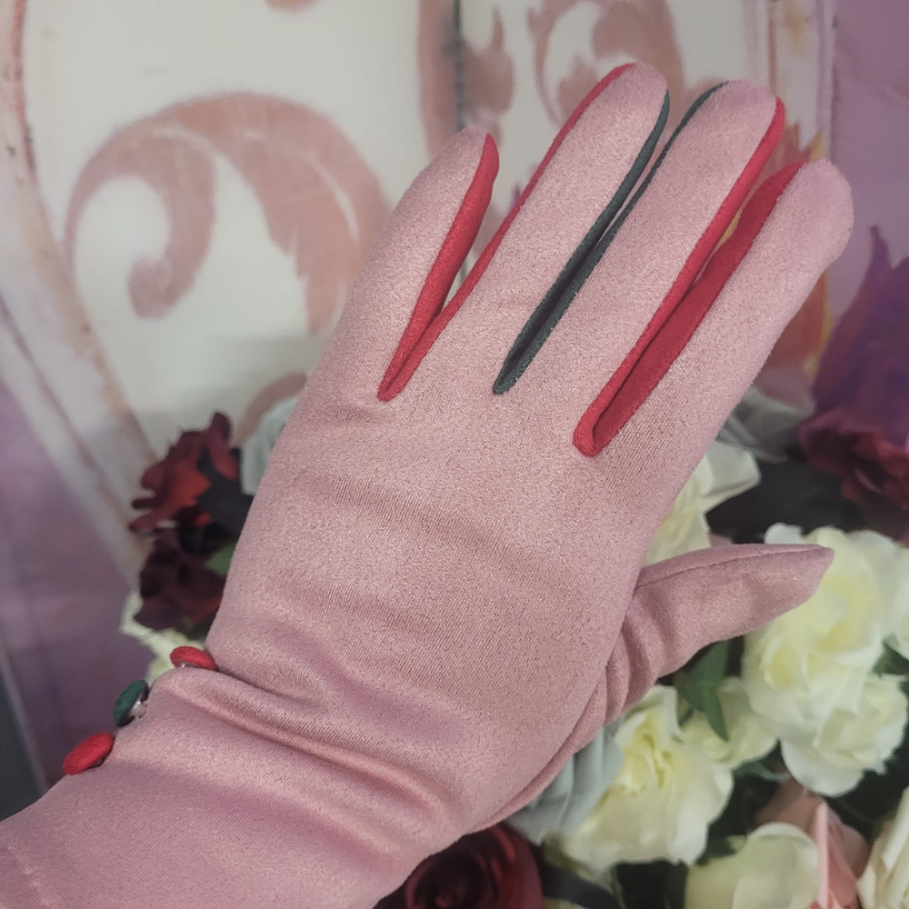 Pink glove with red accents on a floral background