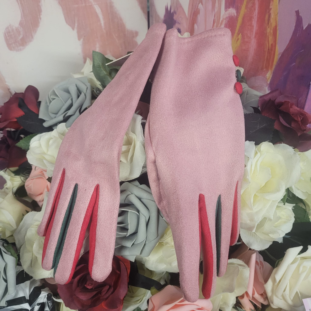 Pink gloves with red accents on a floral background