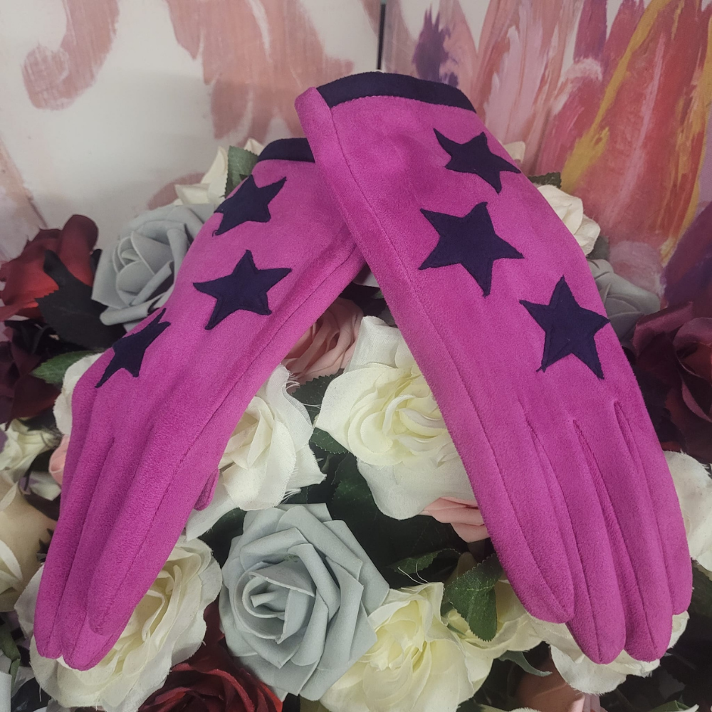 Pink gloves with star patterns on a floral background