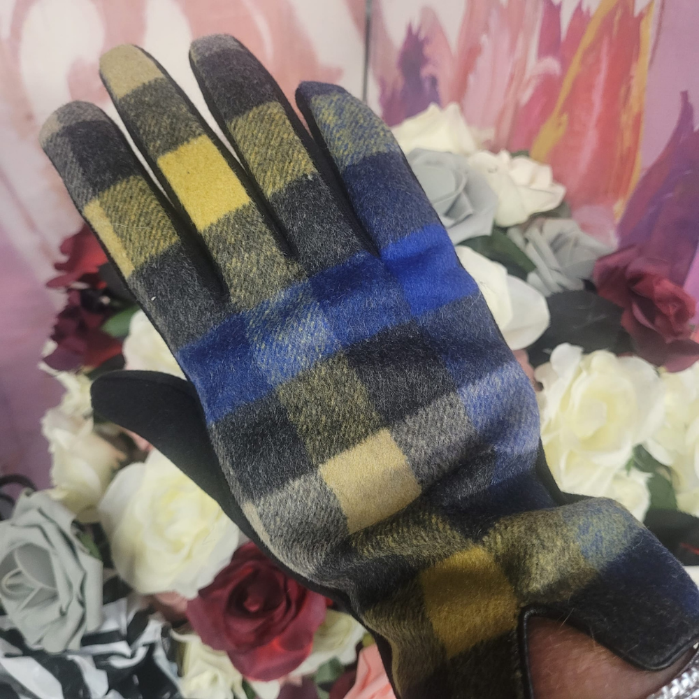 Plaid patterned glove on a floral background