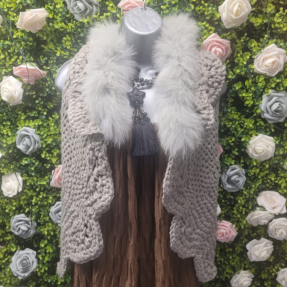 Megan Faux Fur Trim Crocheted Gilet