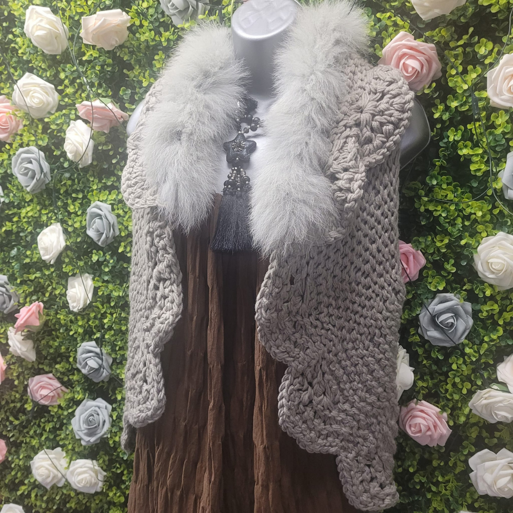 Megan Faux Fur Trim Crocheted Gilet
