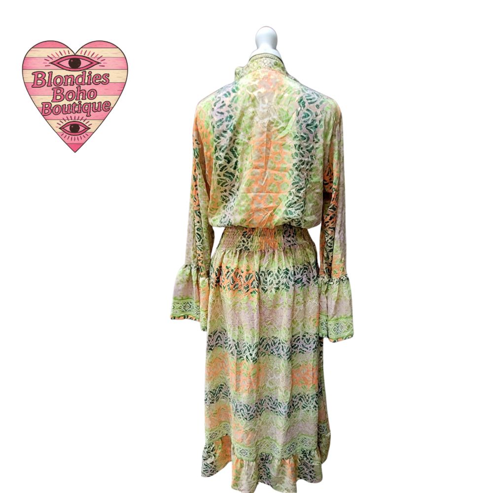 Sienna Silk Thread Button Down Maxi Dress Greens & Tangerines
