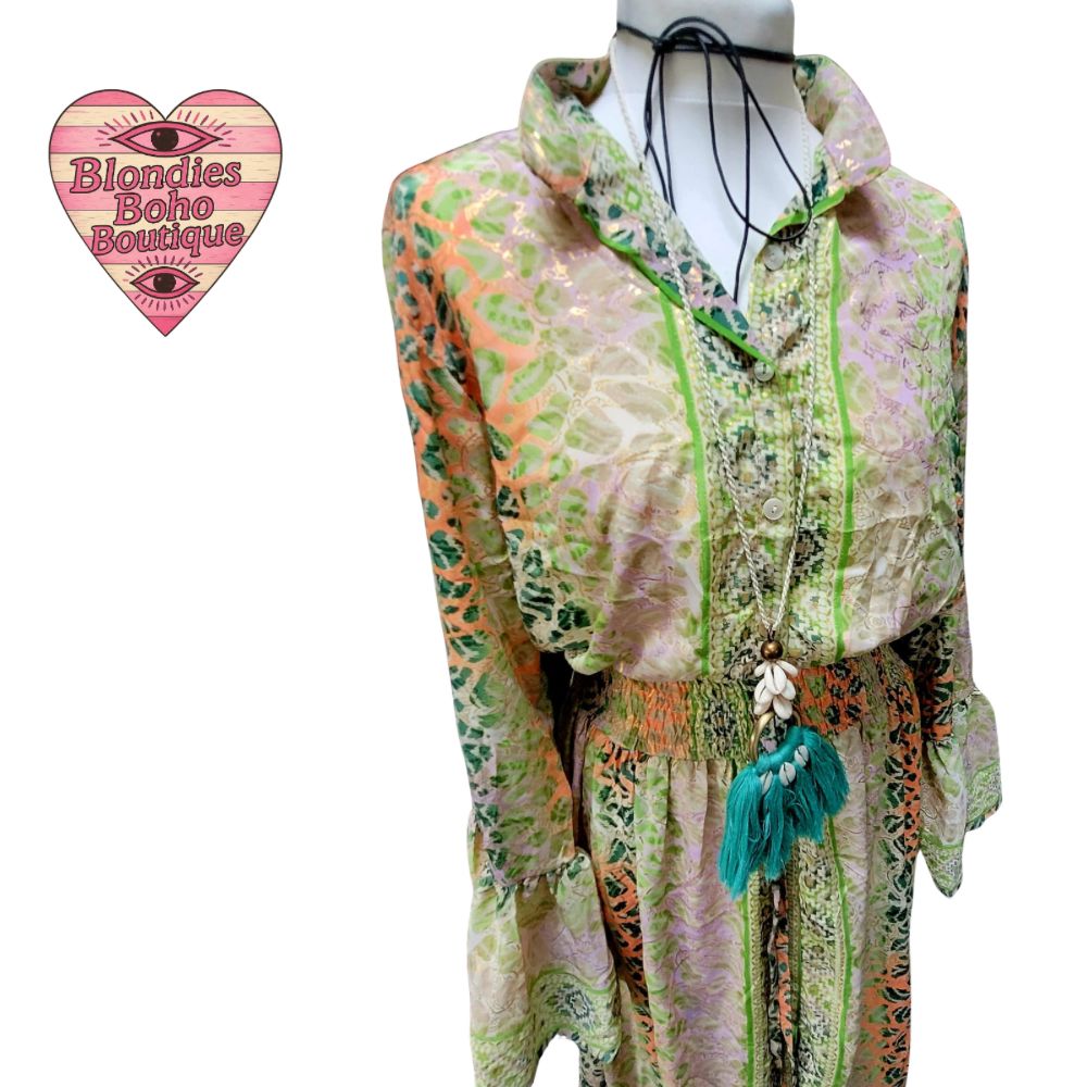 Sienna Silk Thread Button Down Maxi Dress Greens & Tangerines