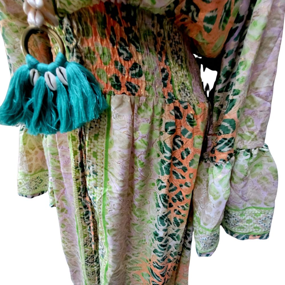 Sienna Silk Thread Button Down Maxi Dress Greens & Tangerines