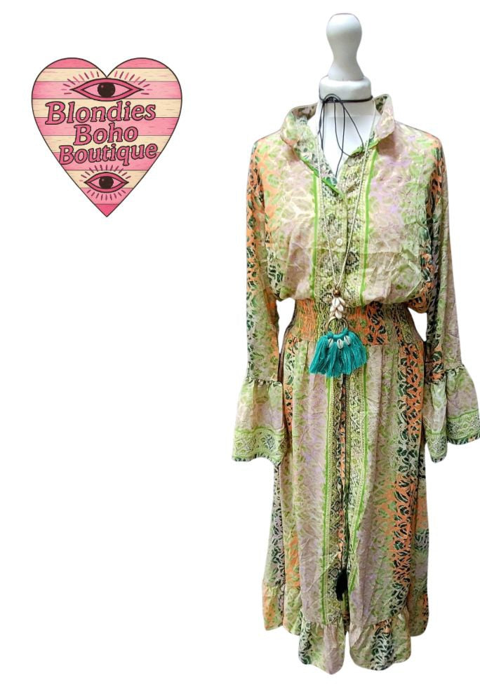 Sienna Silk Thread Button Down Maxi Dress Greens & Tangerines
