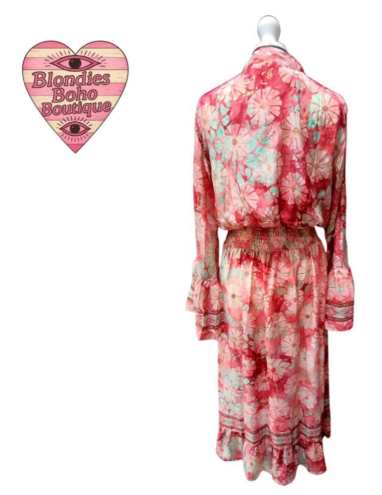 Sienna Silk Thread Button Down Maxi Dress Fuschia & Mint