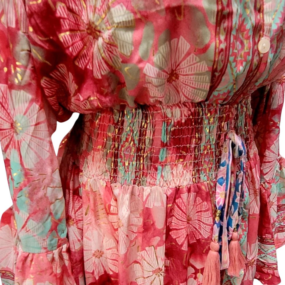 Sienna Silk Thread Button Down Maxi Dress Fuschia & Mint