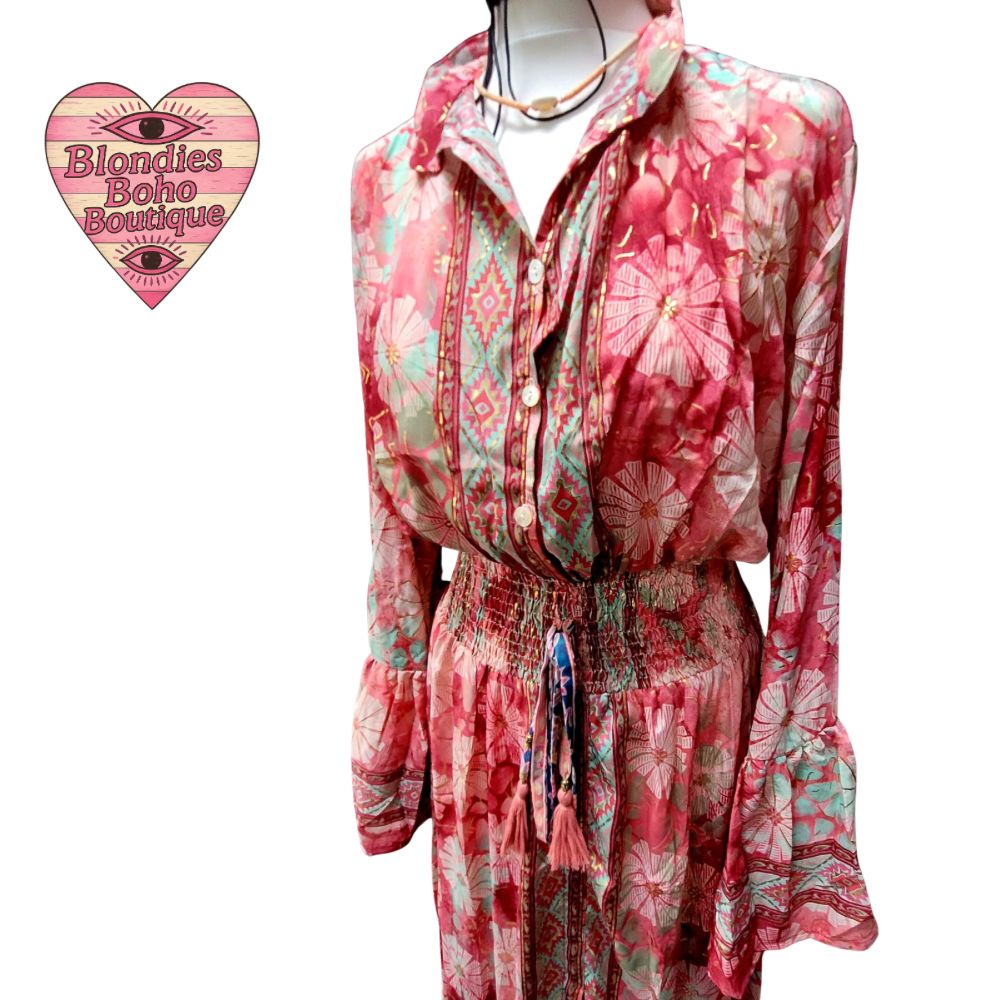 Sienna Silk Thread Button Down Maxi Dress Fuschia & Mint