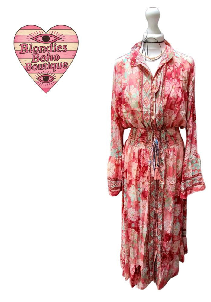 Sienna Silk Thread Button Down Maxi Dress Fuschia & Mint