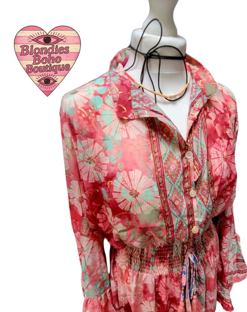 Sienna Silk Thread Button Down Maxi Dress Fuschia & Mint