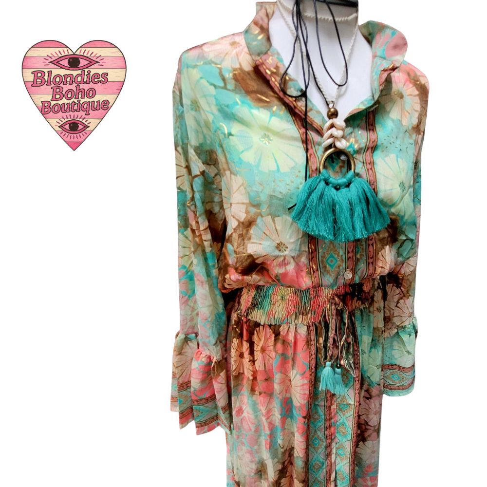 Sienna Silk Thread Button Down Maxi Dress Pale Pink, Teal & Mint