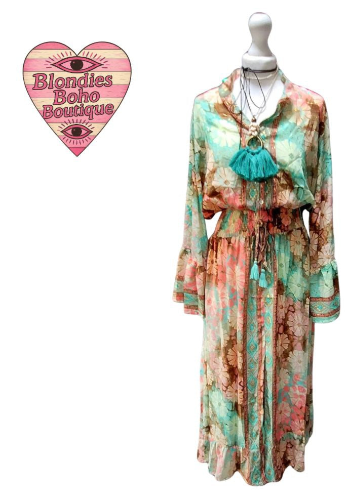 Sienna Silk Thread Button Down Maxi Dress Pale Pink, Teal & Mint