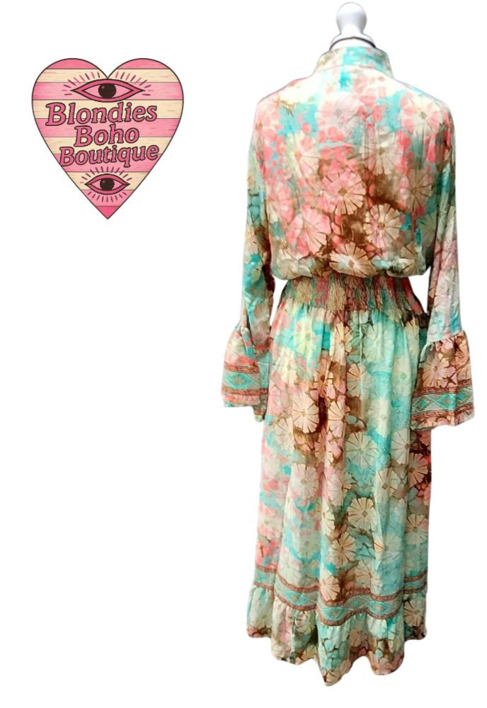 Sienna Silk Thread Button Down Maxi Dress Pale Pink, Teal & Mint
