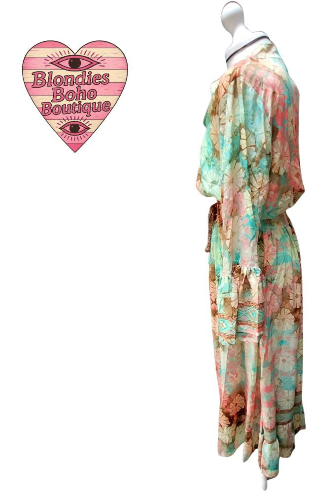 Sienna Silk Thread Button Down Maxi Dress Pale Pink, Teal & Mint