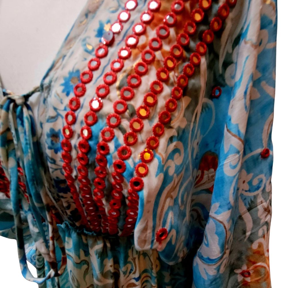 Maya Mirrored Maxi Dress Teals, Creams & Reds