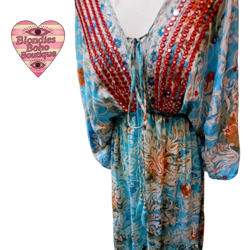 Maya Mirrored Maxi Dress Teals, Creams & Reds