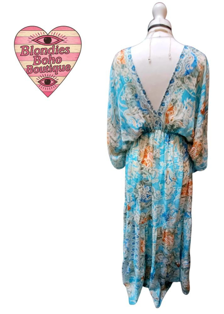 Maya Mirrored Maxi Dress Teals, Creams & Reds